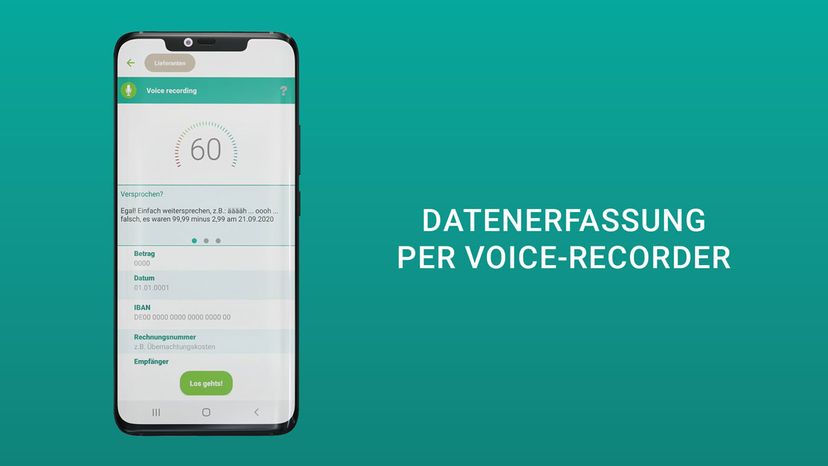Handybildschirm, der Voice-Recorder der FIBUscan App zeigt
