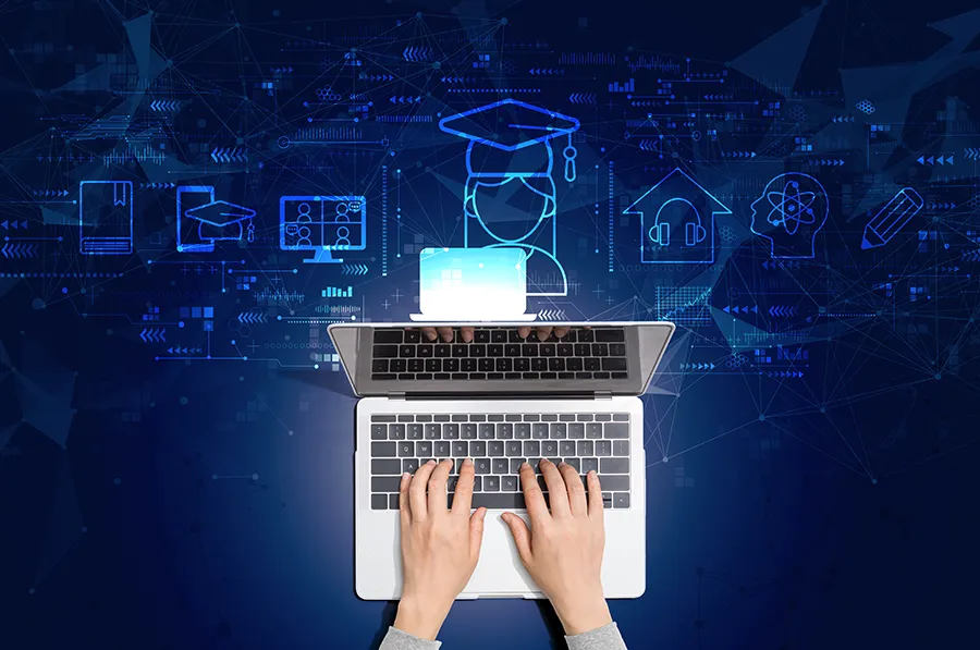 Laptop mit digitalen Lernsymbolen, Symbol für Präsentation der Onlinehandelschnittstelle